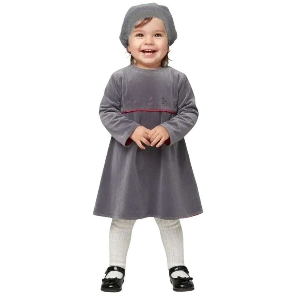 Maggie & Zoe Little‎ Girls Velvet Holly Christmas Holiday Gray Dress With Hat 2T